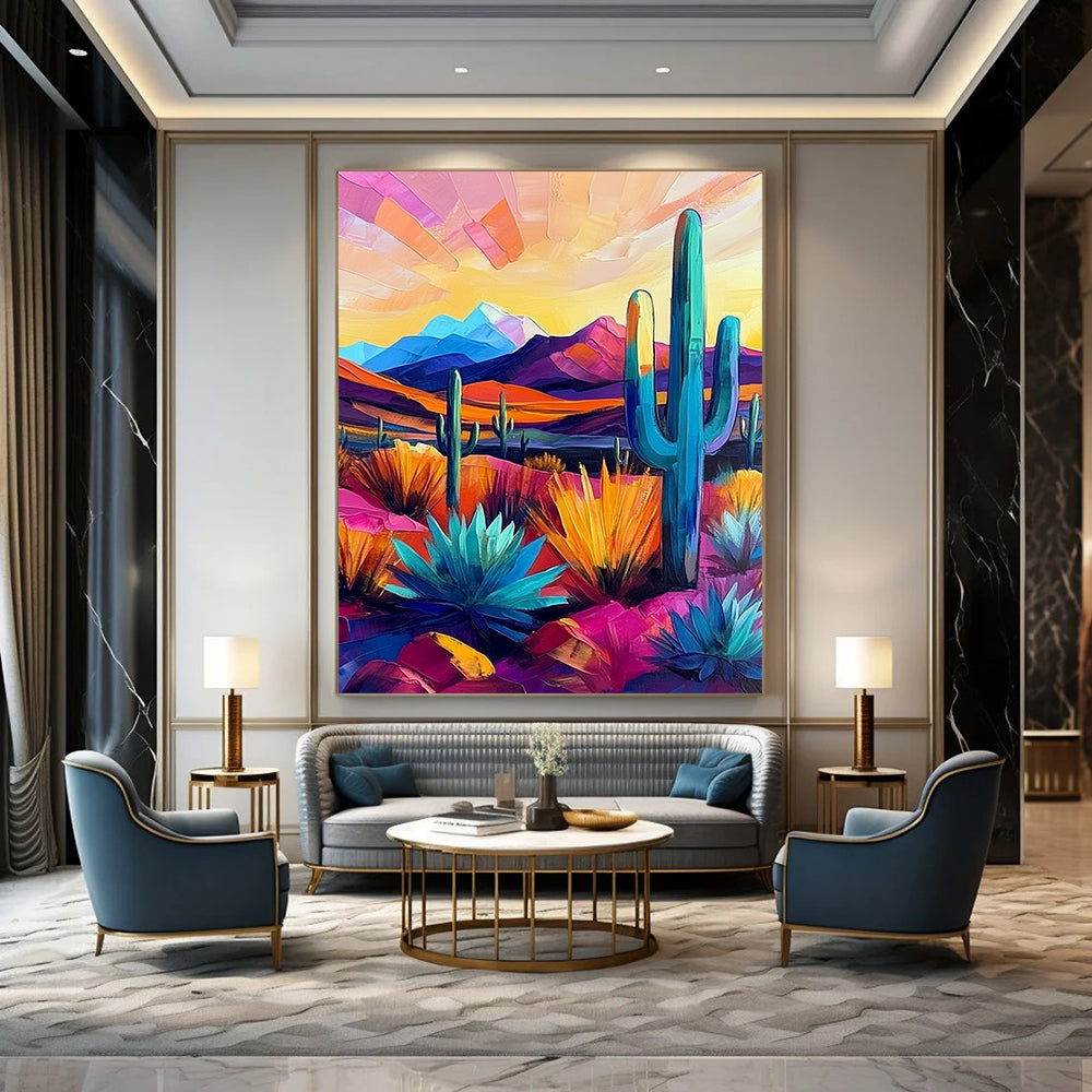 Vibrant modern abstract painting showcasing the Arizona desert with cacti and mountains in bold pink, blue, purple, yellow, and orange hues. DLZ1124