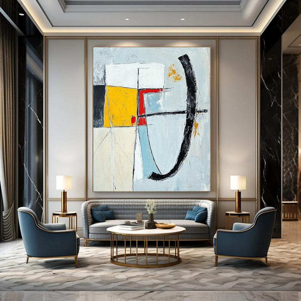 Contemporary abstract painting featuring bold brushstrokes in gray blue yellow and white with a striking red line and unique shapes on a white background. DLZ0637