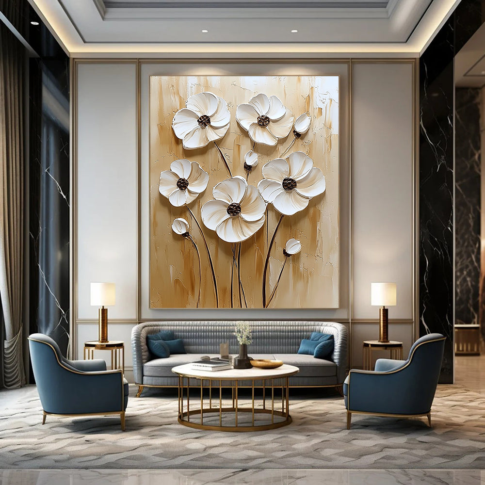 Contemporary hand-painted abstract art featuring textured white flowers on a calming beige background with an elegant neutral color palette. DLZ0262