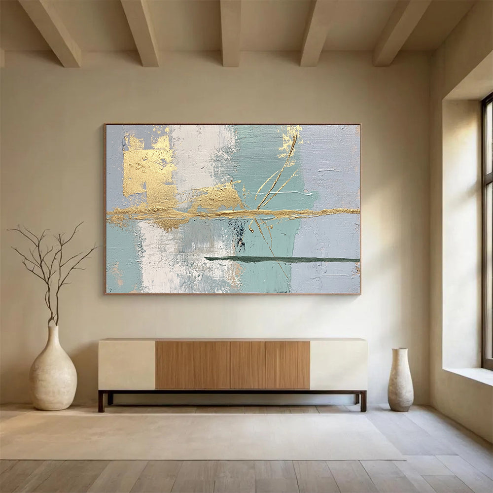 “Gold Accents on Pastel Abstract” - Light blue, gray, white, gold; Abstract with gold brushstrokes; Acrylic Painting On Canvas HB1246