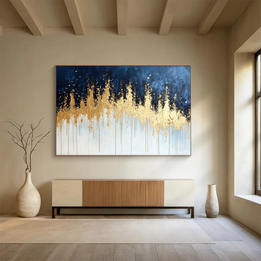 “Gold Drip on Blue - Gray Abstract” - Gold, Blue, Gray, White, Dripping Textures Painting On Canvas HB0825