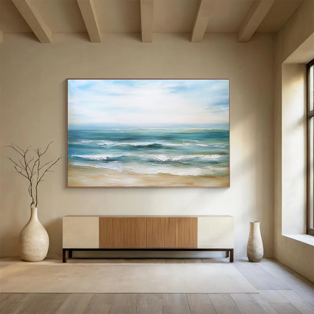 “Calm Sea Beach” - Blue, Green, Sea, Beach Painting On Canvas HB0754