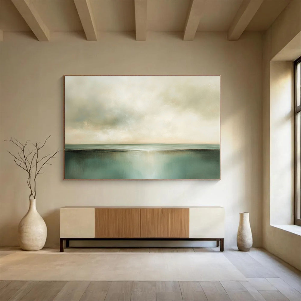 “Soft Green Horizon” - Green, Beige, Calm Sky and Water Painting On Canvas HB0930