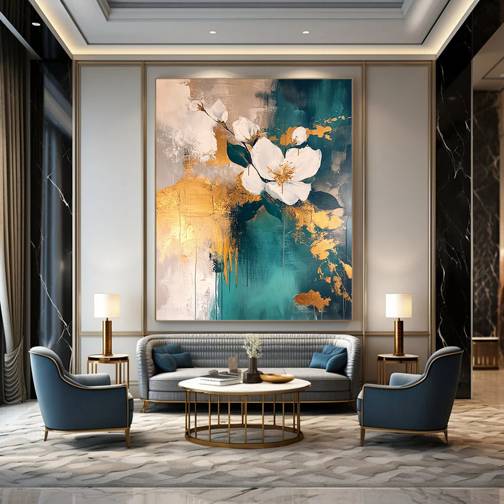 Contemporary abstract painting featuring atmospheric gold leaf accents with teal and white tones and layered flowers on a neutral background. DLZ0502