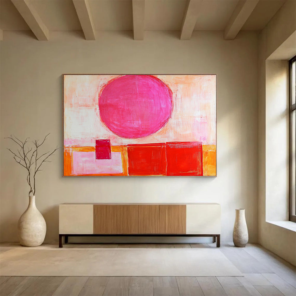 “Pink Sphere & Reds” - Bold pink, warm reds, soft oranges, whites; Geometric sphere and blocks; Modern Abstract Painting On Canvas HB1155