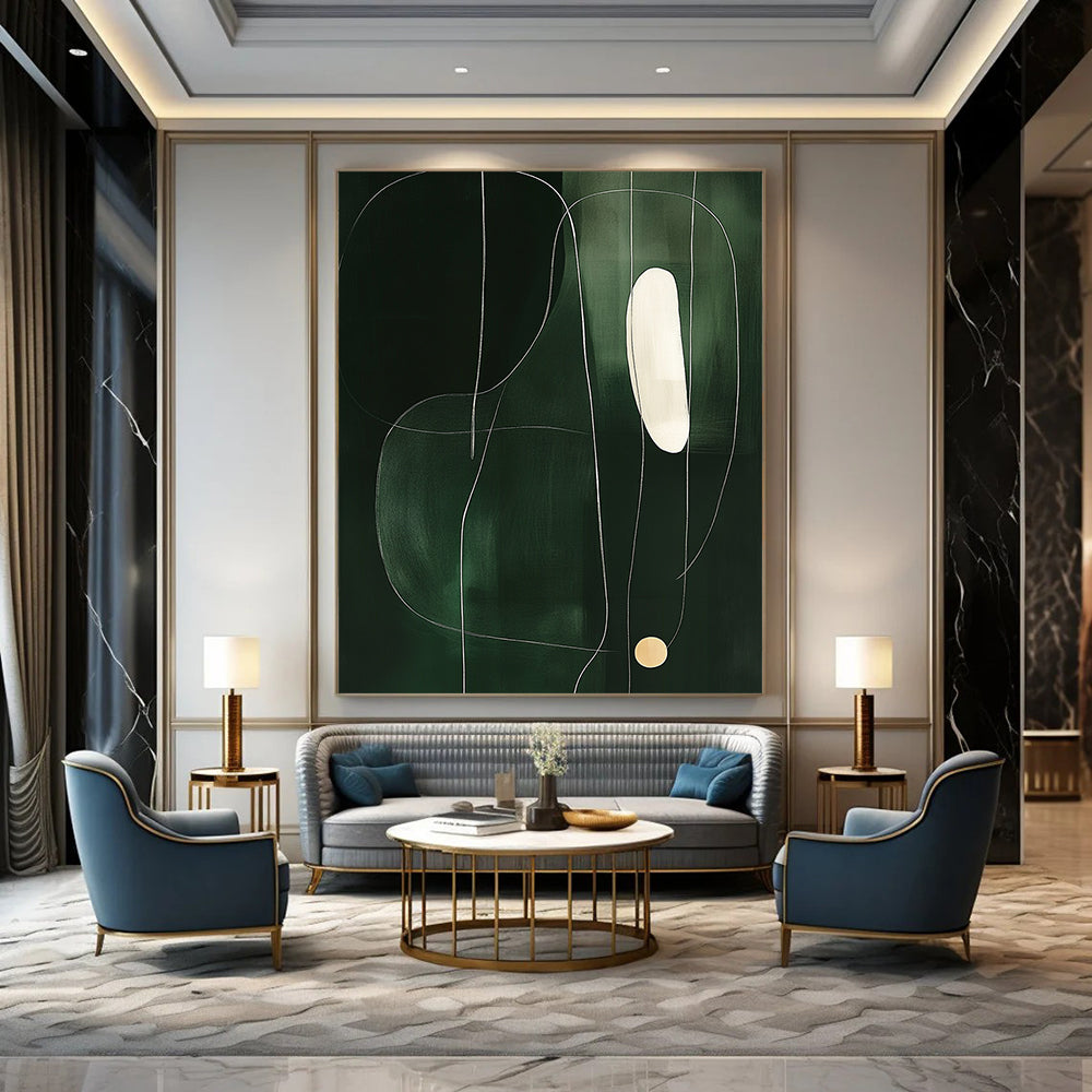 Contemporary abstract art featuring minimalist shapes on dark green, accented by a thin white line and a single light yellow circle. DLZ1606