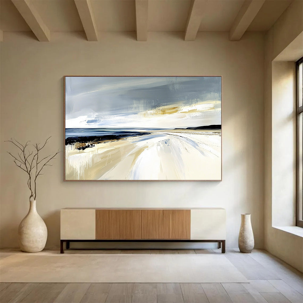 “Dynamic Beach Drips” - Gray, Blue, Beige, Abstract Dripping Beachscape Painting On Canvas HB1073
