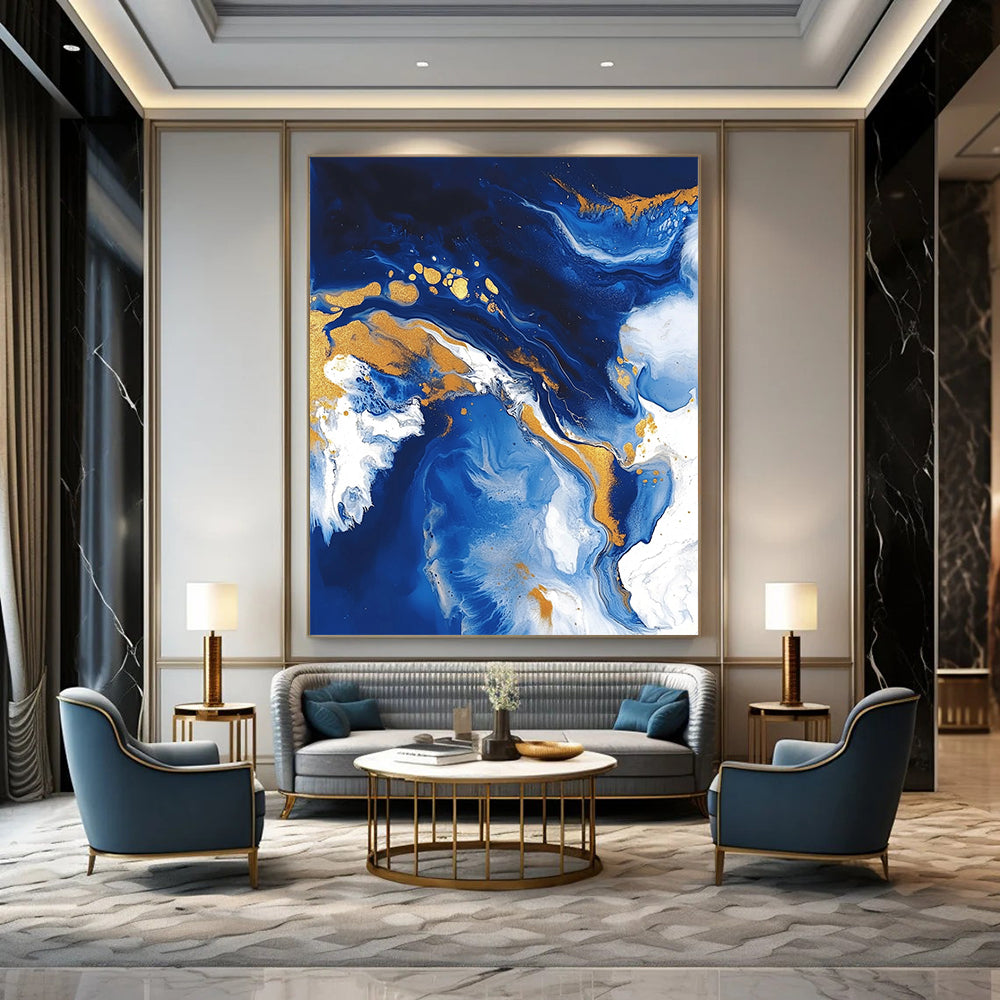 Contemporary abstract artwork featuring fluid acrylic swirls in blue and gold with textures of ocean waves white clouds and glitter accents. DLZ0327