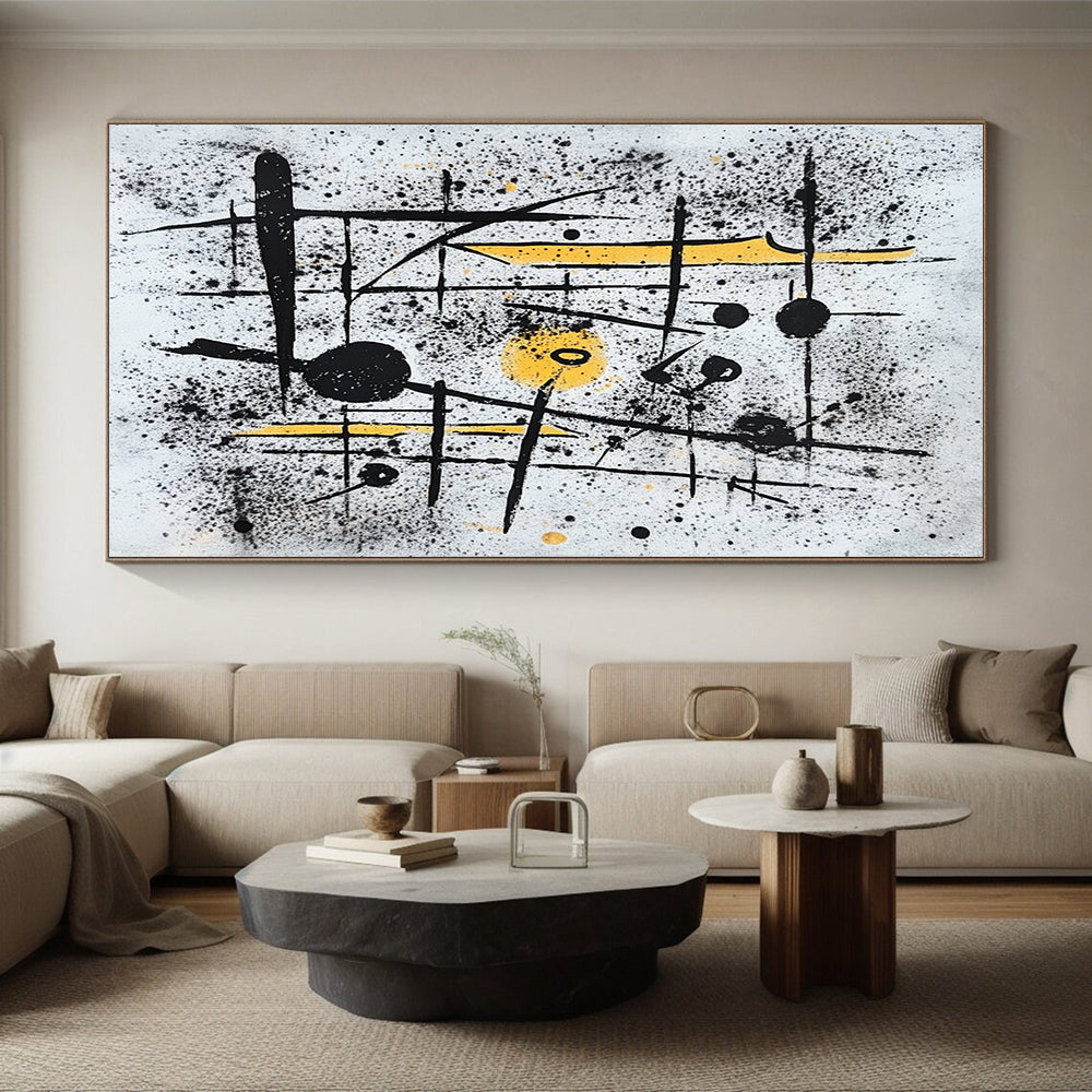 Black, White & Yellow Spattered Lines - “Chaotic Energetic Scribbles” Painting On Canvas HB205