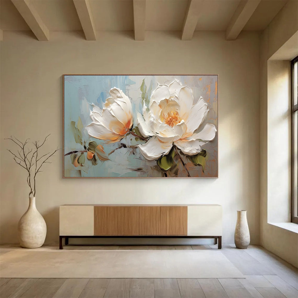 Textured White Peony Painting - Elegant Bedroom Floral Decor DLZ174