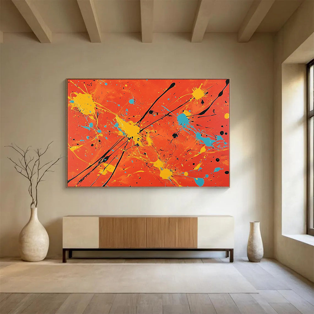 “Colorful Splatter On Orange” - Orange, Yellow, Blue, Black, Abstract Expressionist Painting On Canvas HB0683