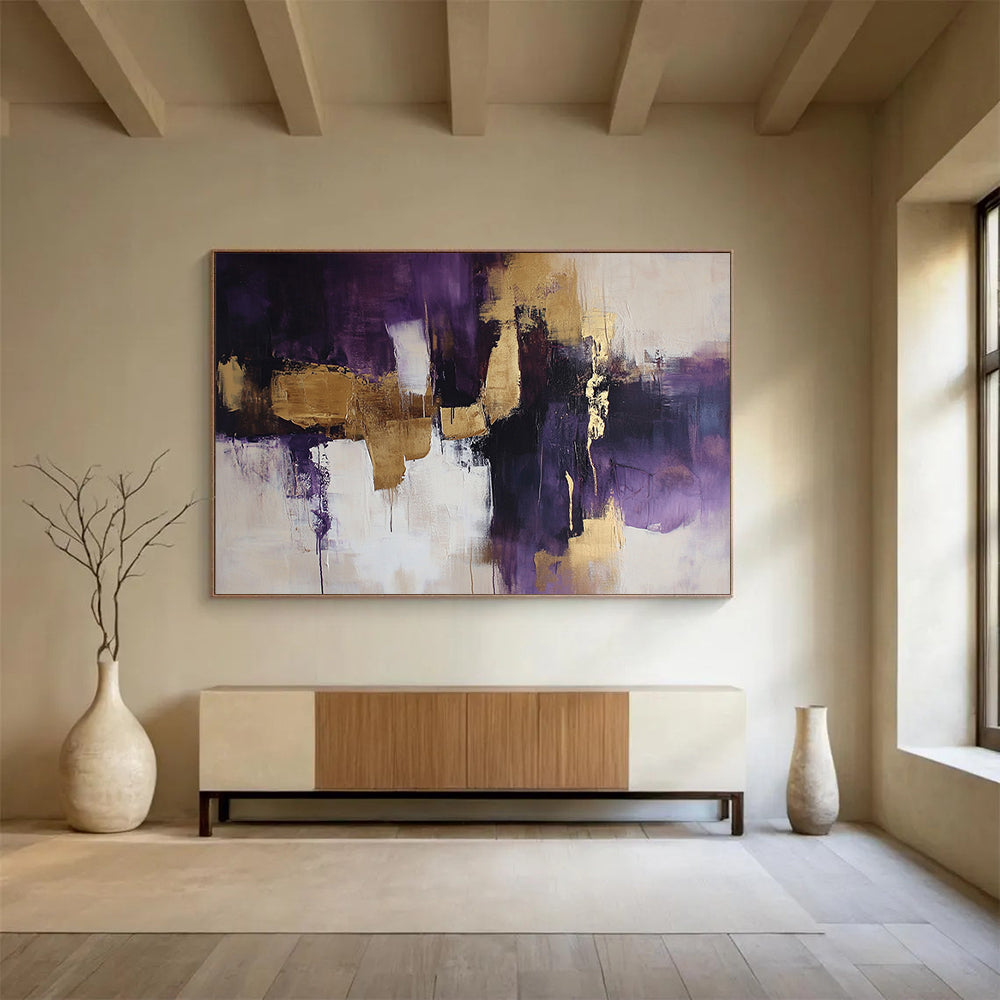 “Purple and Gold Abstract Fusion” - Purple, gold, white, black; Dynamic abstract color blocks and drips; Acrylic Painting On Canvas HB1216