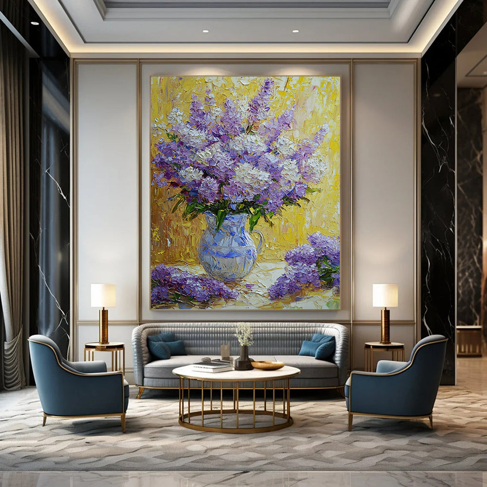 Contemporary hand-painted abstract art featuring vibrant purple and white flowers in a rich impressionist style with soft textured petals and a beautiful yellow background. DLZ1288