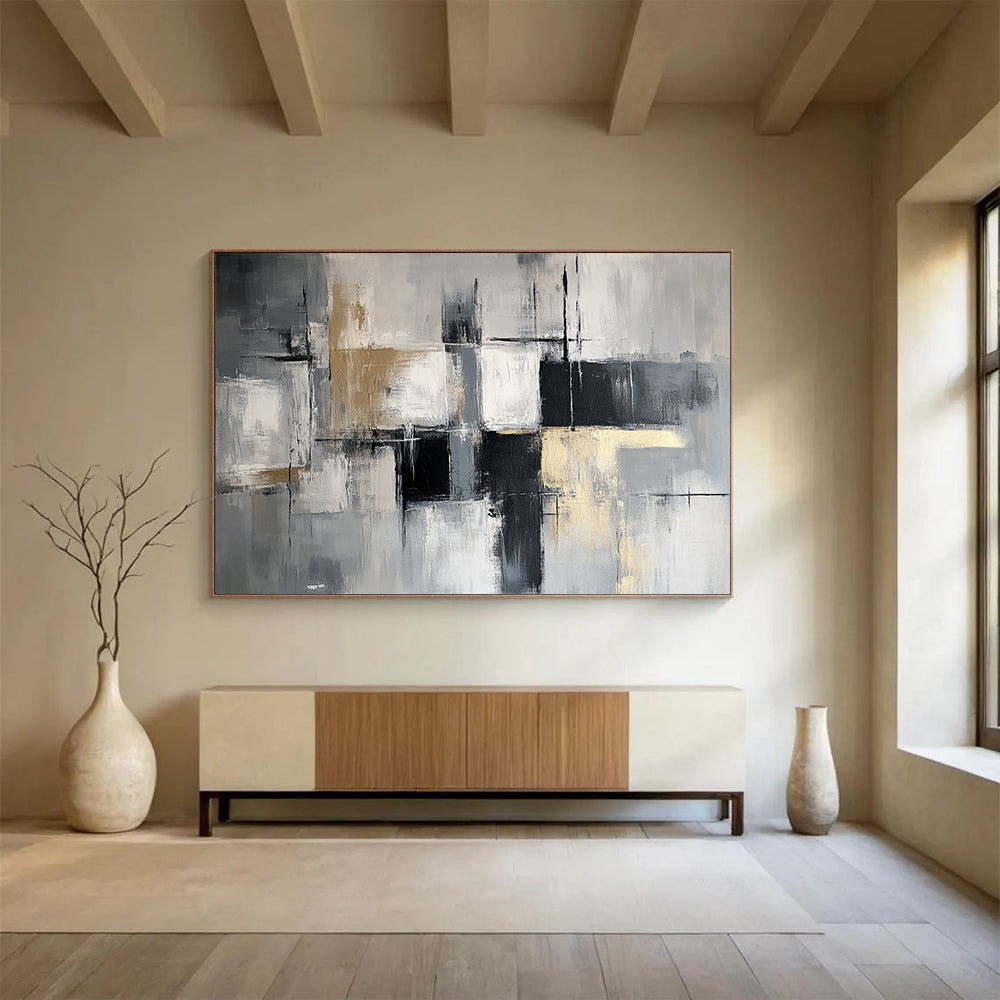 “Monochromatic Geometric Abstract” - Gray, white, beige, black; Geometric abstract in monochromatic tones; Acrylic Painting On Canvas HB1249