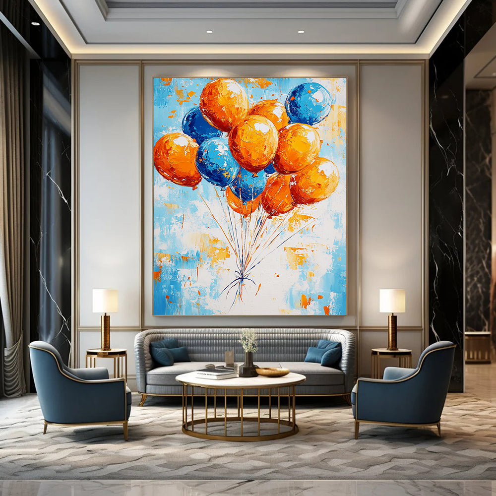 Contemporary abstract painting featuring vibrant orange and blue balloons floating against a bright sky evoking a joyful celebration in dynamic brush strokes. DLZ1411