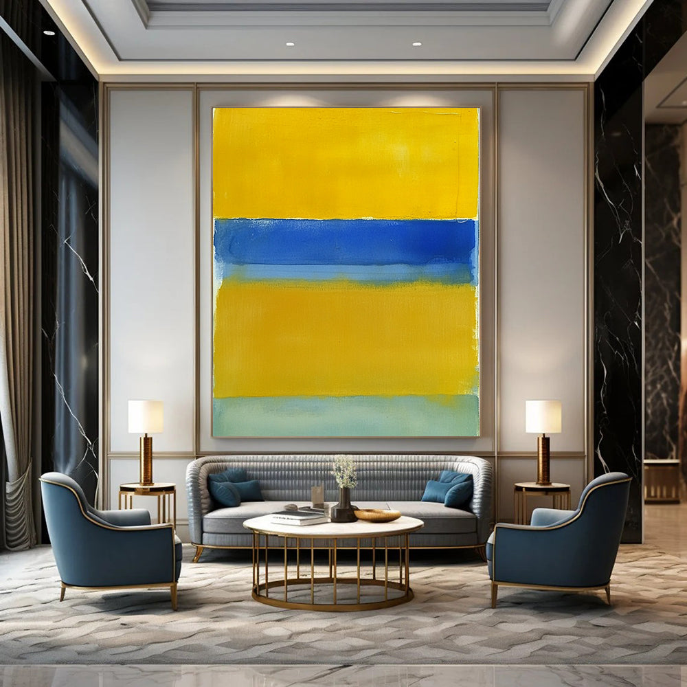 Large contemporary hand-painted abstract art featuring a vibrant yellow field framed by a deep blue border and light green bottom. DLZ1526