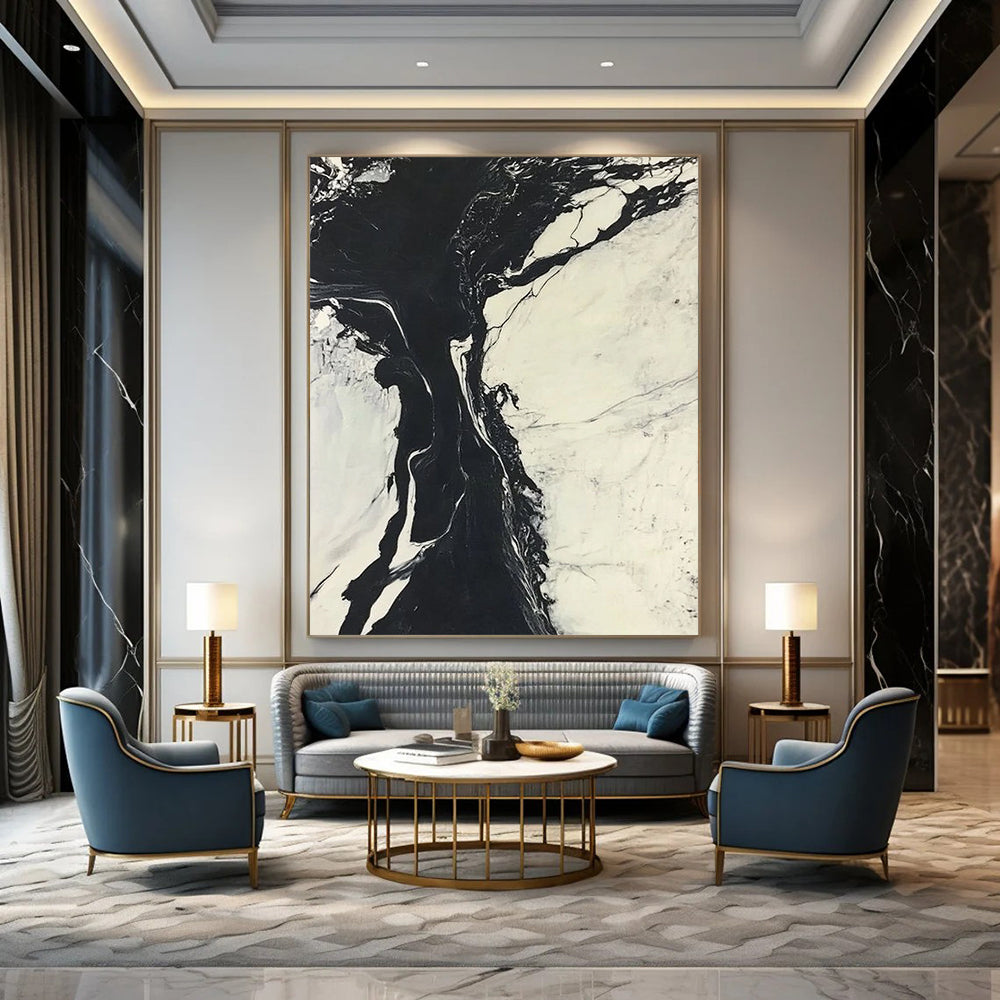 Contemporary abstract art features striking black and white marble ink merging with a cool river amidst snow-covered landscapes creating dynamic contrasts. DLZ1545