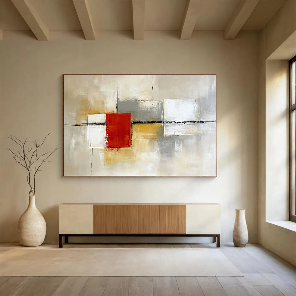 “Geometric Abstract in Neutral Tones” - Beige, gray, white, red; Geometric abstract with a central red square; Acrylic Painting On Canvas HB1257
