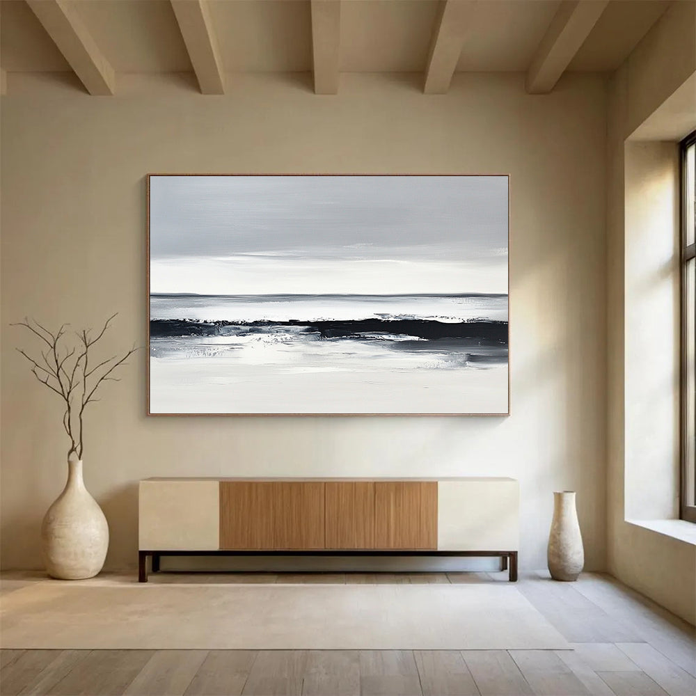 “Monochrome Sea Horizon” - Blacks, Whites, Grays, Sea Landscape - Minimalist Oil Painting HB1588