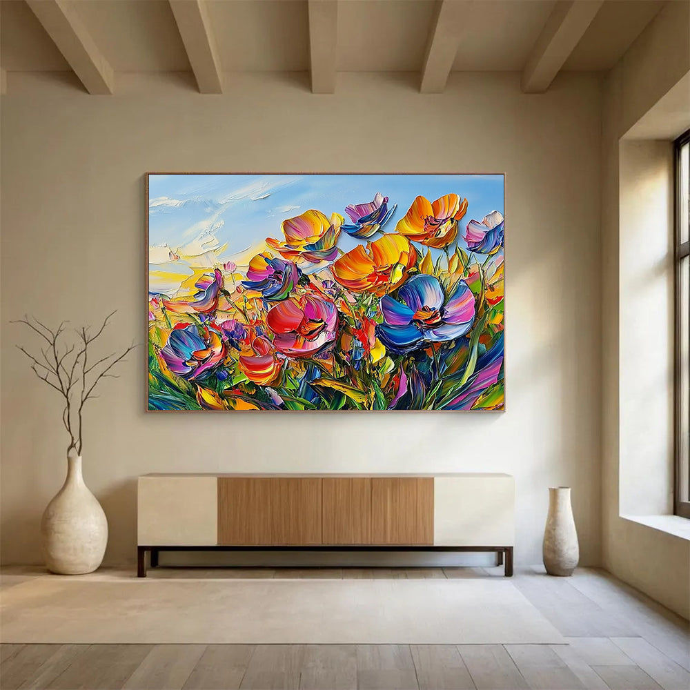 “Vibrant Colorful Flower Field” - Pink, Purple, Orange, Yellow, Textured Flower Field - Impasto Acrylic Painting HB1640