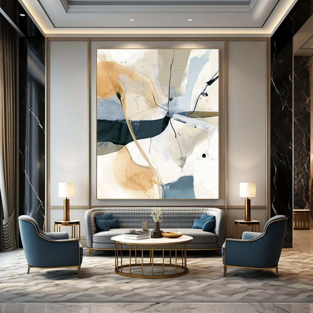 Contemporary hand-painted abstract artwork featuring soft lines and shapes in beige and gray with striking black splashes for a modern aesthetic. DLZ0285