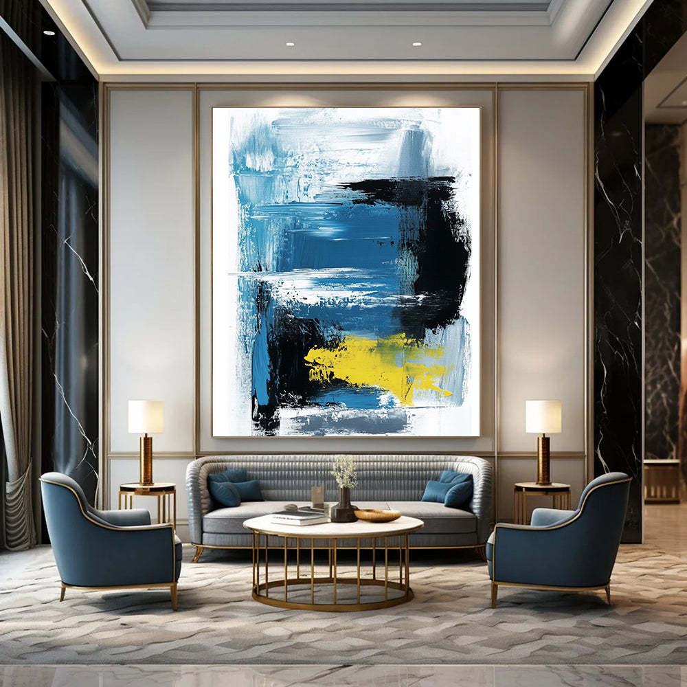 Large contemporary hand-painted abstract artwork featuring thick brush strokes and lines in light blue black and yellow on a white background by Amippo. DLZ1702