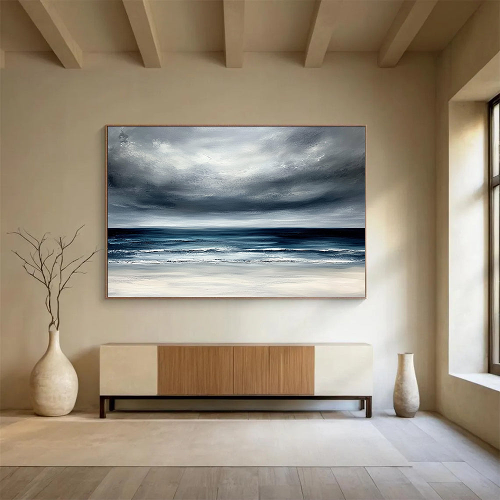 Gray, Blue, White and Beige Dramatic Seaside "Stormy Horizon" Painting On Canvas HB0675