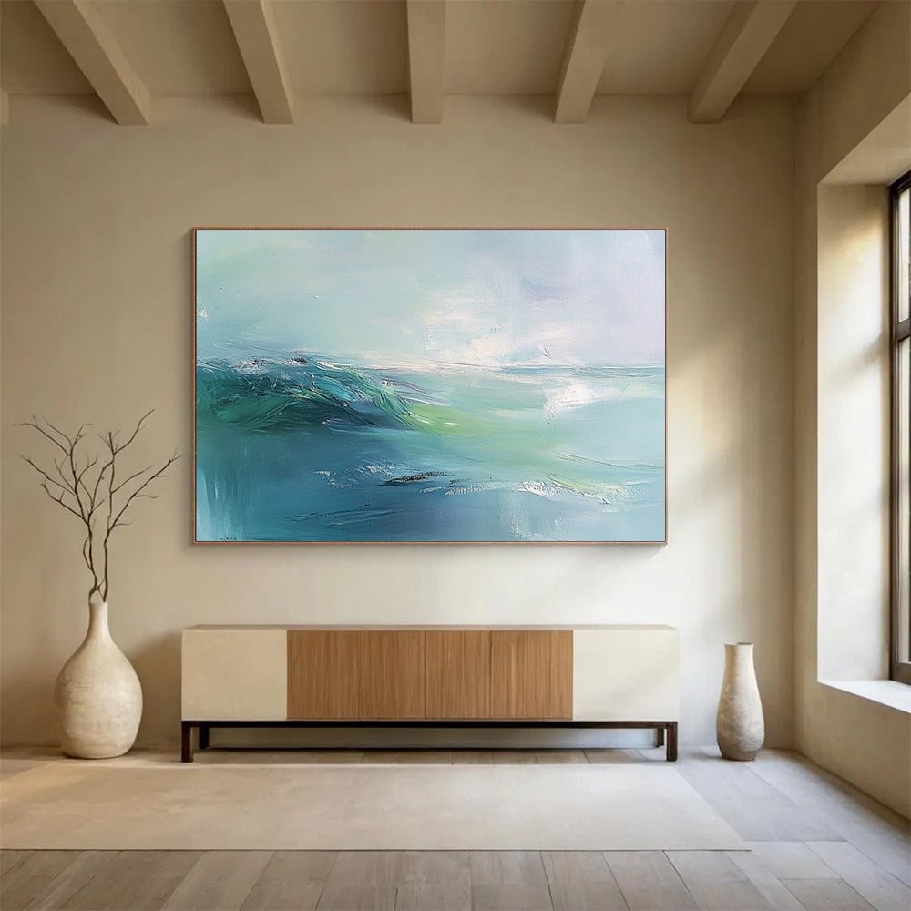“Soft Green - Blue Abstract Wave” - Soft Green, Blue, Abstract Wave, Expressive Brushstrokes HB1123