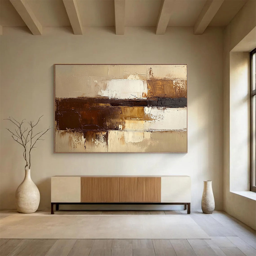 “Earthy Layers” - Brown, Beige, White, Textured Abstract Blocks Painting On Canvas HB1039