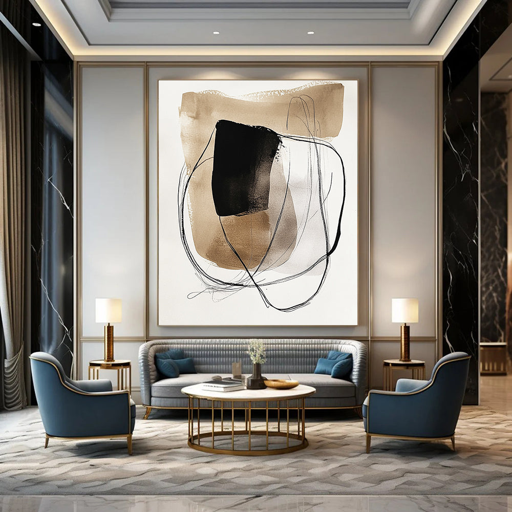 Modernist abstract art featuring watercolor and ink wash with earthy tones and minimalist shapes on a beige background for a unique aesthetic. DLZ1726