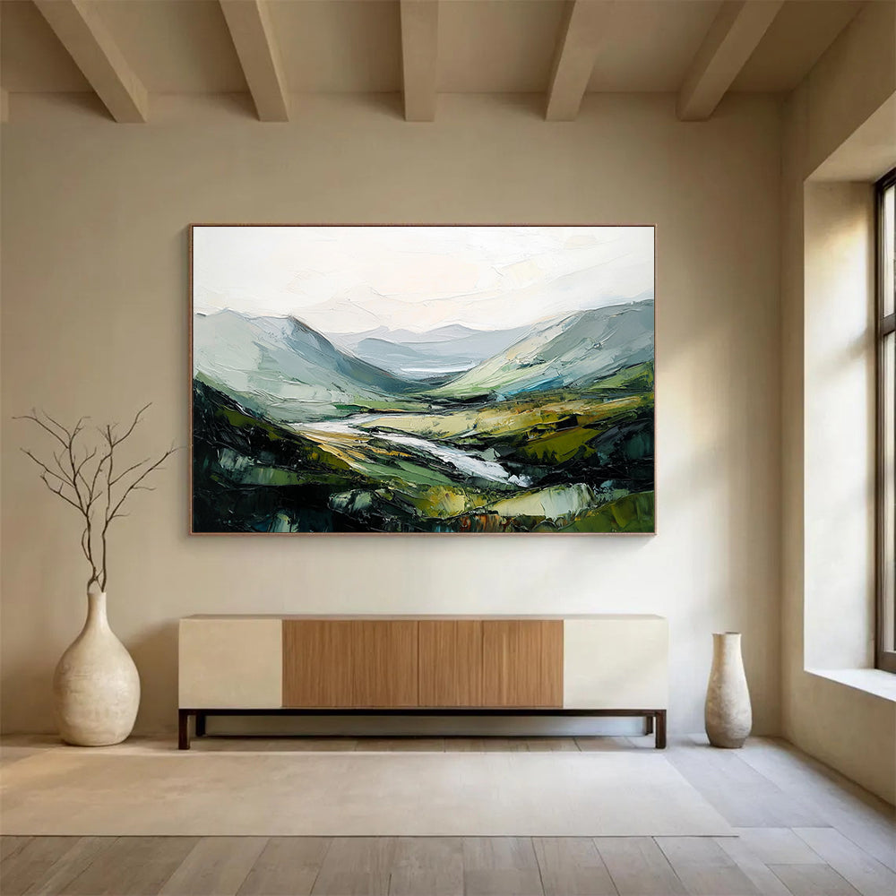 “Impasto Valley Landscape” - Green, Gray, Yellow with Textured Valley - Painting On Canvas HB1401