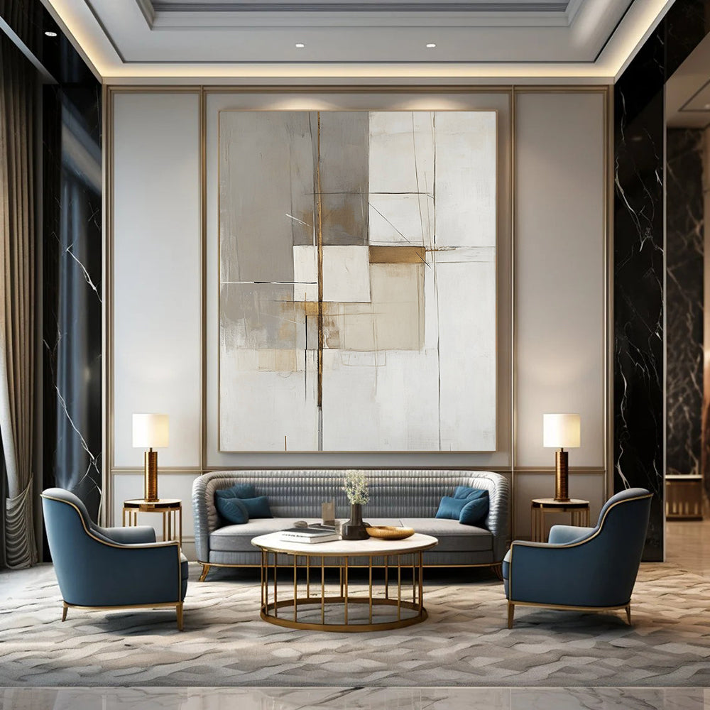 Large contemporary hand-painted abstract artwork features white gray and beige organic shapes with gold accents and heavy brushwork on a minimalist background. DLZ1742