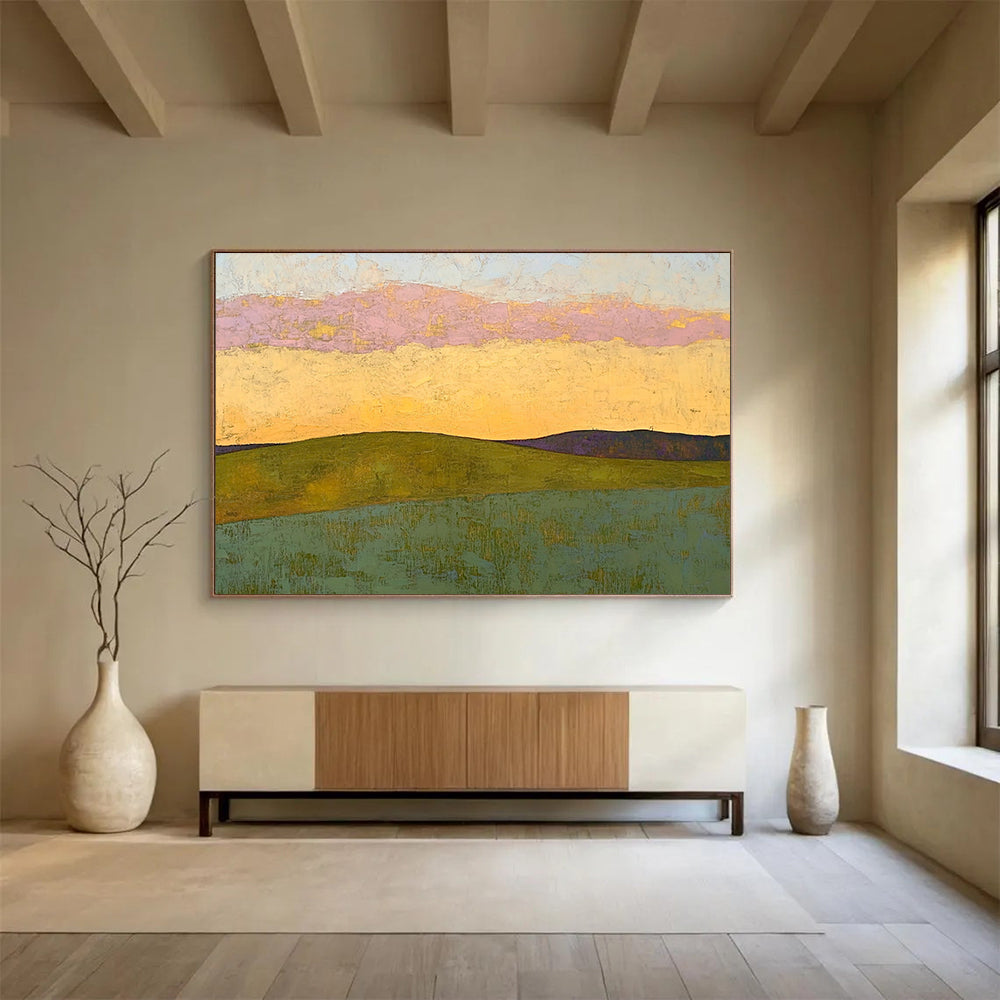 “Colorful Horizon Landscape” - Pink, Yellow, Green, Textured Layers, Abstract Landscape Painting On Canvas HB0905