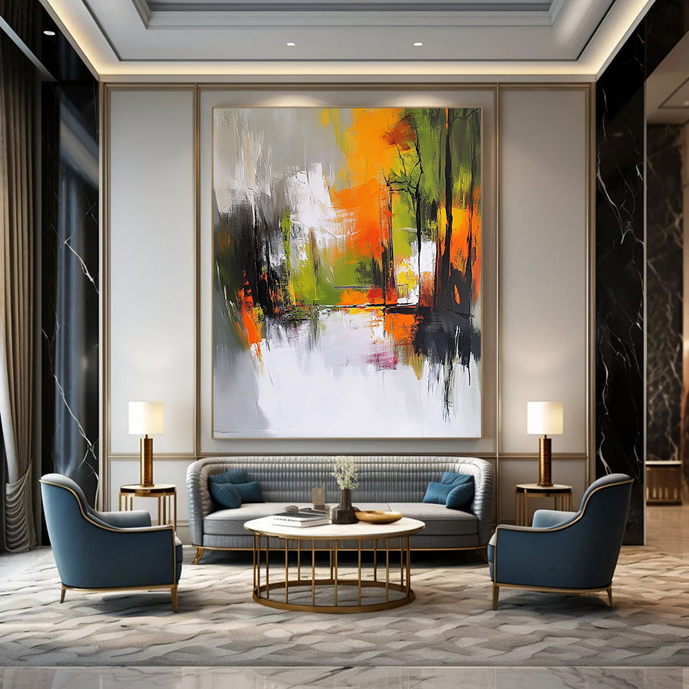 Contemporary hand-painted abstract art features an autumn forest in gray and white with vibrant orange yellow and green accents showcasing dynamic brush strokes. DLZ0947