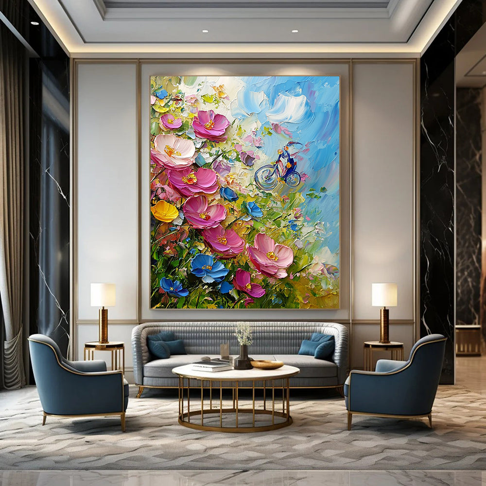 Contemporary hand-painted abstract art features vibrant pink and blue wildflowers, created using a palette knife in an expressive Impressionist style. DLZ1259