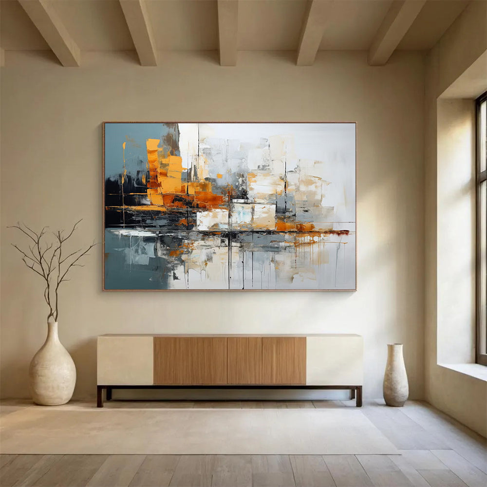 Grey - Orange Abstract Cityscape - Modern Living Room Centerpiece DLZ002