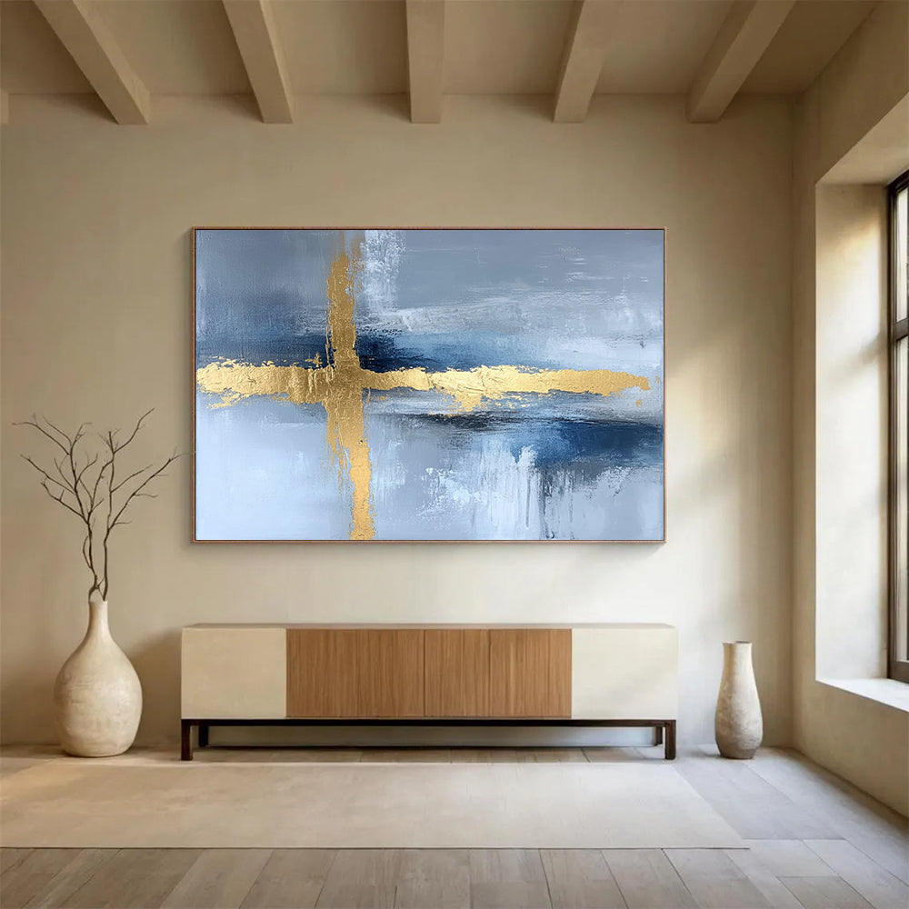 “Gold Cross on Blue - Gray Abstract” - Gold, Blue, Gray, Cross Shapes Painting On Canvas HB0816