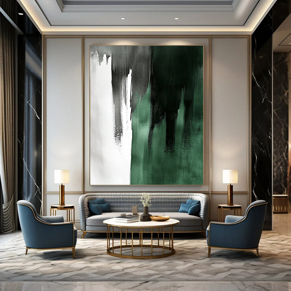 Large contemporary hand-painted abstract artwork featuring emerald green and gray with elegant brushstrokes creating a striking light and shadow contrast. DLZ1736