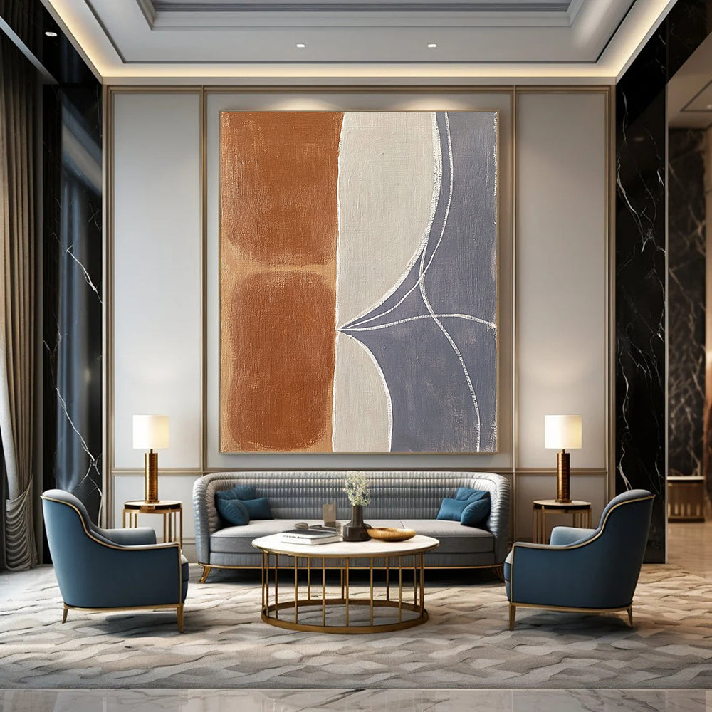 Contemporary abstract painting featuring organic shapes with terracotta brown and gray-blue hues enhanced by thick white lines and soft edges on a light gray background. DLZ0964