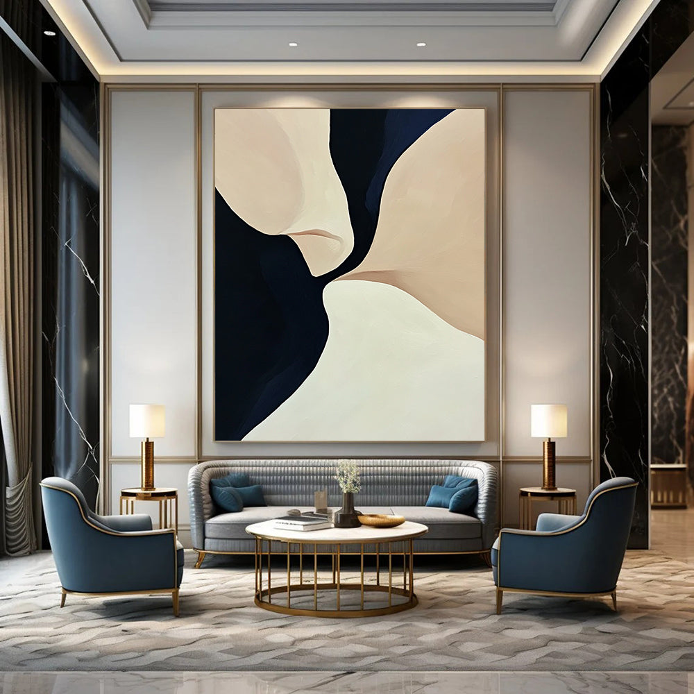 Contemporary hand-painted abstract art featuring smooth curves and flowing lines in light beige and navy blue tones with dark accents. DLZ0972