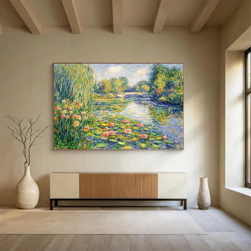 “Monet - Style Water Lilies” - Green, Blue, Pink, Classic Water Lily Scene - Impressionist Oil Painting HB1674