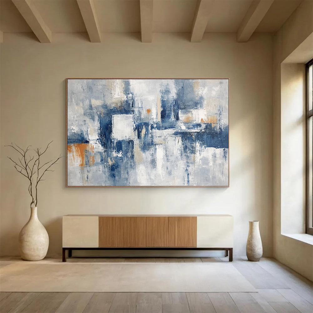 “Gray - Blue Abstract with Orange Accents” - Gray, Blue, White, Orange, Abstract Shapes Painting On Canvas HB0834