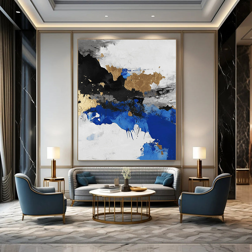 Contemporary abstract artwork showcasing an aerial view of an arctic landscape in black and white with blue accents and gold leaf highlights. DLZ0572