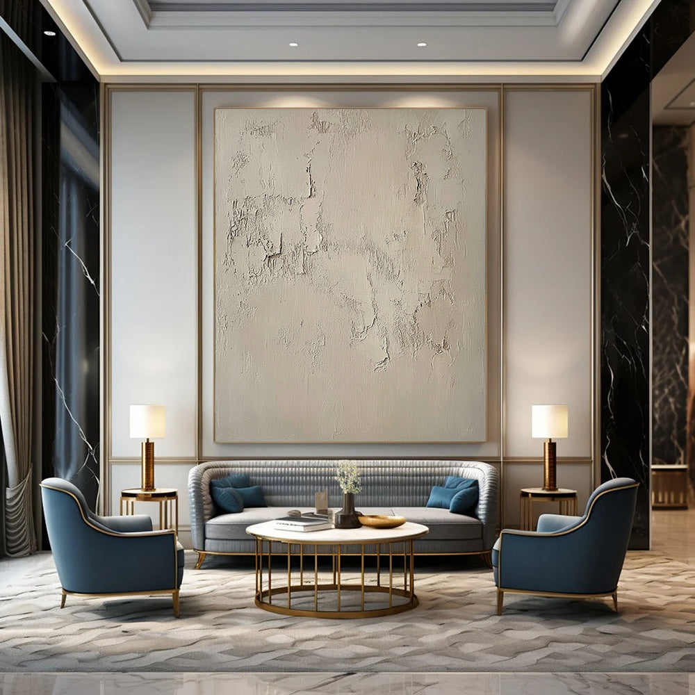 Contemporary hand-painted abstract artwork featuring a textured beige wall with intricate white patterns, capturing the beauty of weathered cement in muted tones. DLZ1115