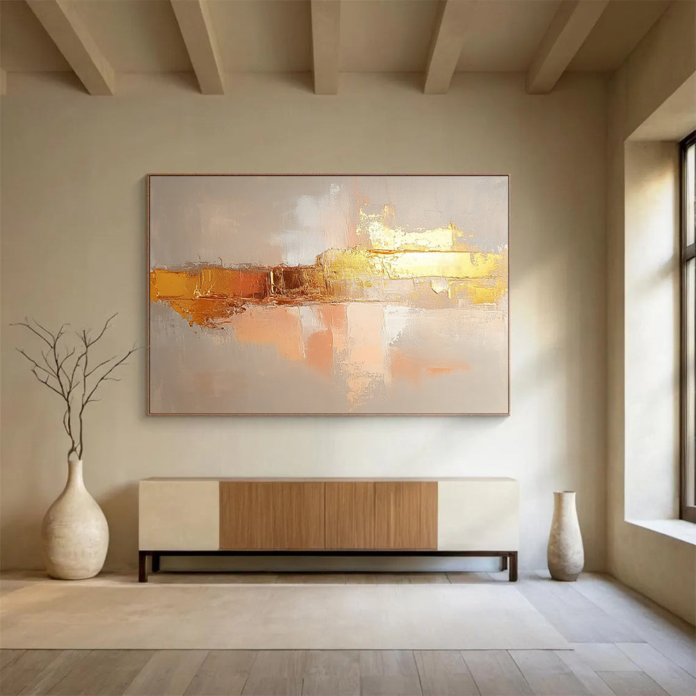 “Blush Gold Abstract” - Blush, gold, gray; Soft abstract with gold accents; Oil Painting On Canvas HB1213
