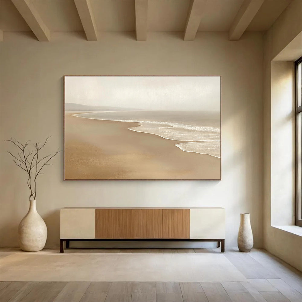 “Neutral Toned Beach Serenity” - Beiges, Whites, Subtle Browns, Calm Beach - Oil Painting HB1618