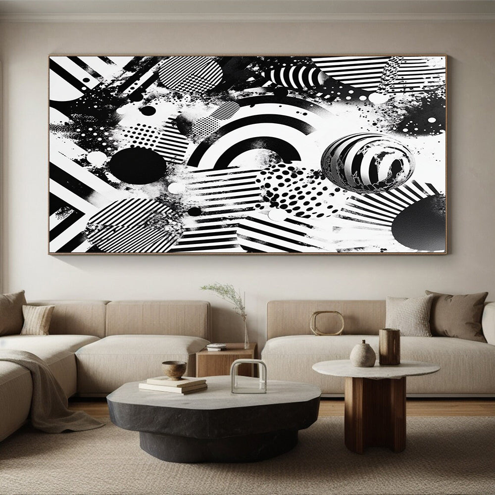 Black and White Mixed Shapes "Chaotic Unity" Painting On Canvas HB270