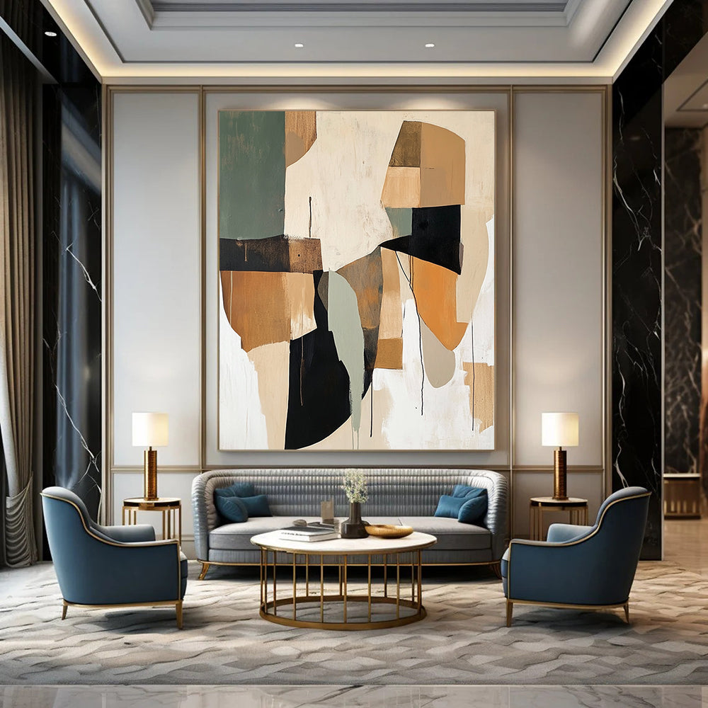 Contemporary abstract painting showcases loose brushwork with earthy beige and sage green shapes accented by brown black white and orange. DLZ0755
