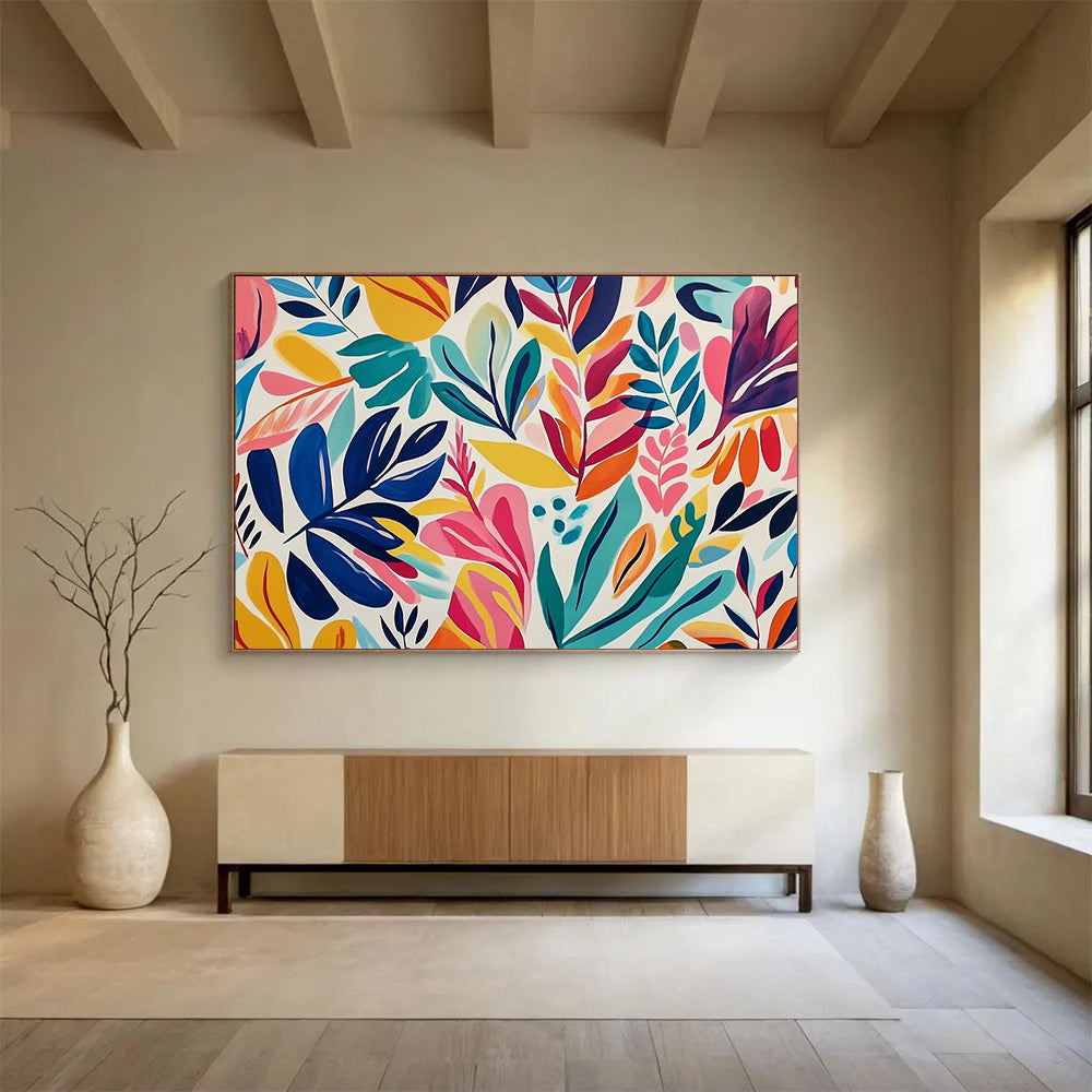 “Colorful Leaf Pattern” - Blue, Green, Pink, Yellow, Vibrant Botanical Design - Gouache Painting HB1661