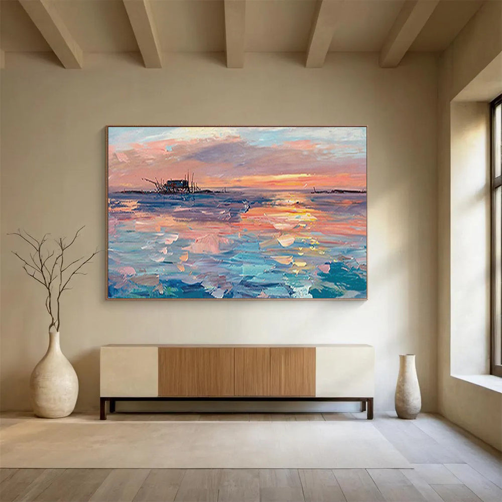 Sunset Sea Shack Oil Painting - Coastal Living Room or Office Art DLZ205
